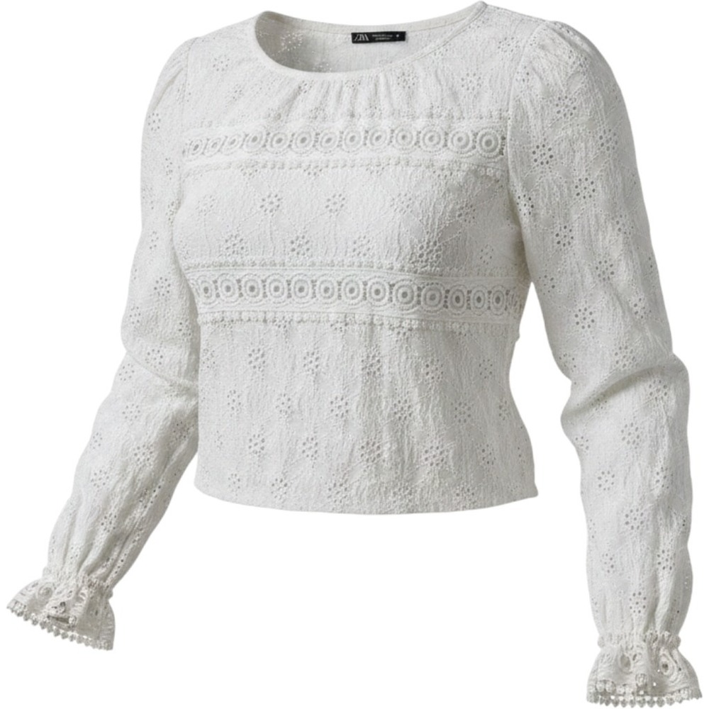 Zara White Eyelet Lace Blouse Long Puff Sleeve Ruffle Cuff Boho Top Medium